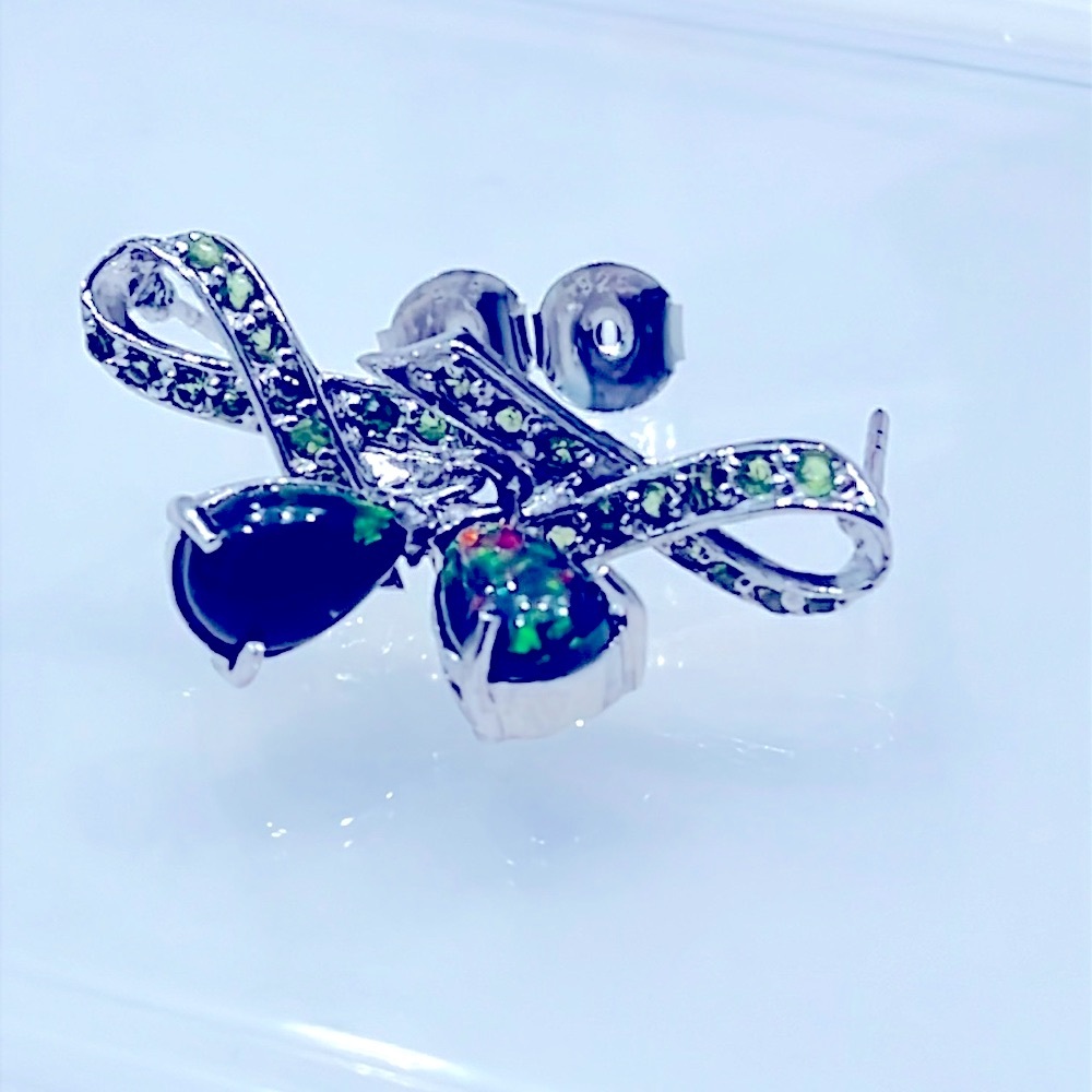 Black Opal Emerald 14KGP Ribbon Earrings - Picture 5 of 6